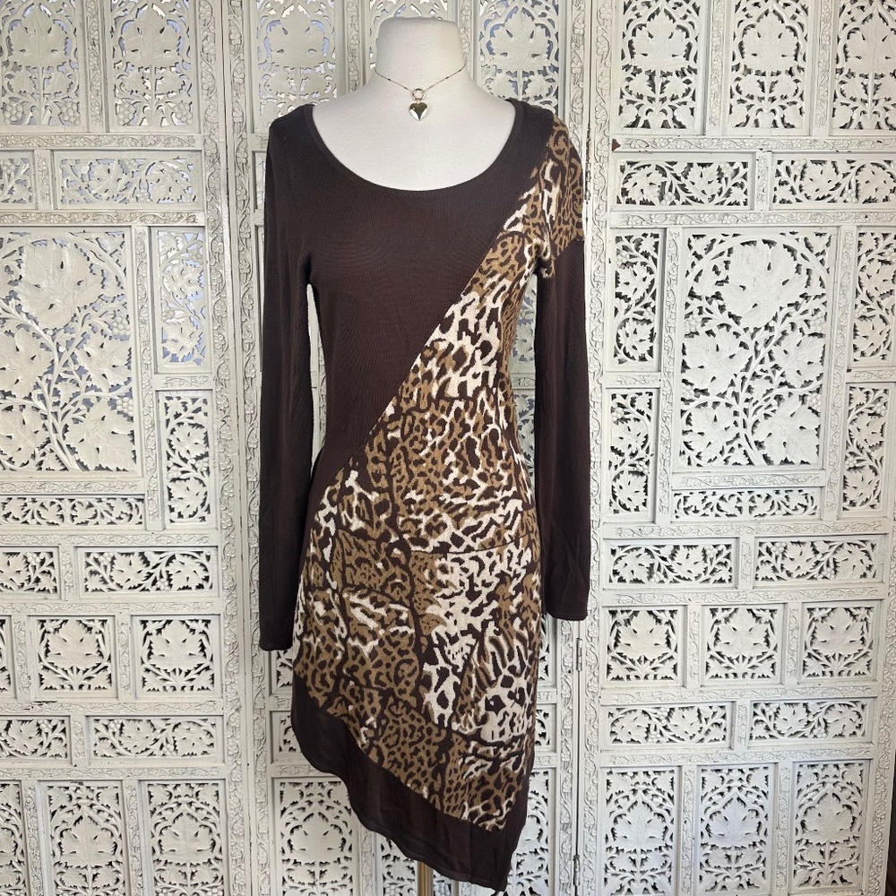 Attitudes By Renee Brown Boho Cheetah‎ Print Long Sleeve Ribbed Asymmetric Dress